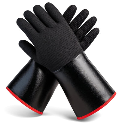 BBQ Gloves - Waterproof and Extreme Heat Resistant up to 932°F - Food-Grade Neoprene Rubber Mitts for Cooking, Grill, Grilling, Oven, Baking, Fire Pit - Non-Slip Grip, Cotton Lining and 14” Sleeve