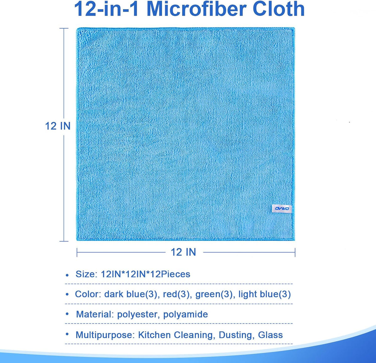Microfiber Cleaning Cloth, 12Pcs, 12" x 12", High Density, 4 Colors