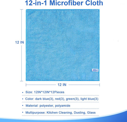 Microfiber Cleaning Cloth, 12Pcs, 12" x 12", High Density, 4 Colors