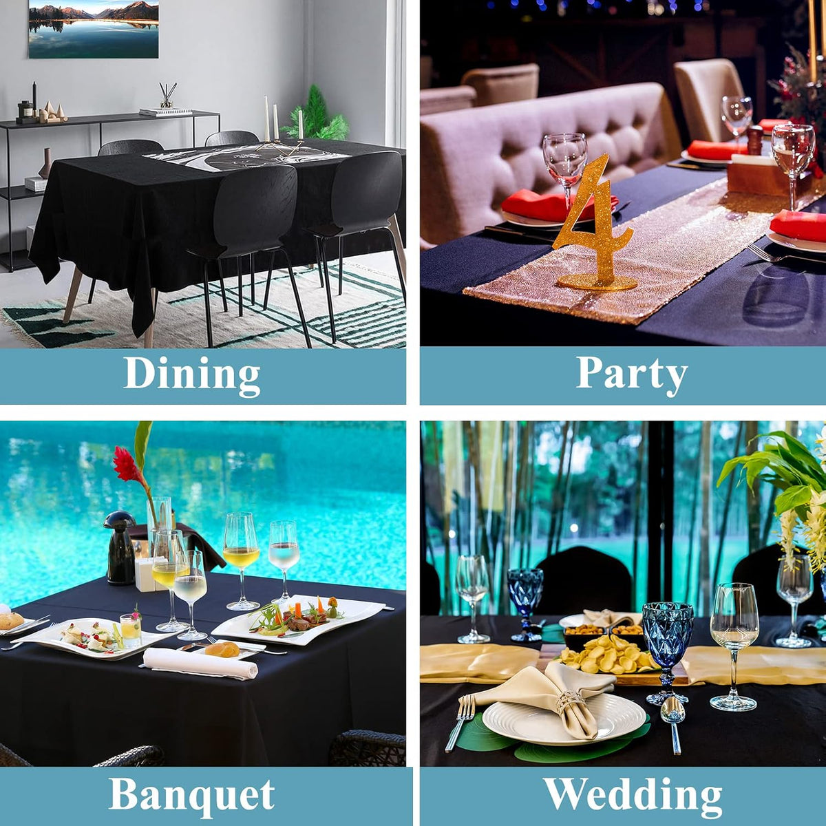 VidaFete Classic Series 10 Pack 90 * 132inch Black Rectangle Tablecloth