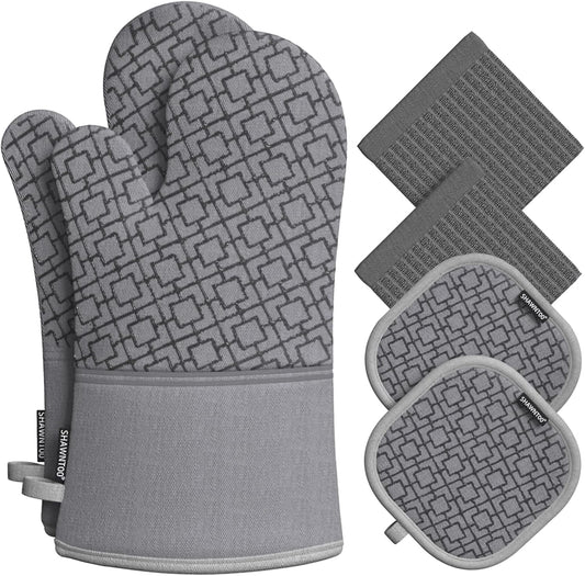 Oven Mitts and Pot Holders Sets 6pcs, Kitchen Oven Glove,High Heat Resistant 550 Degree Extra Long Oven Mitts and Potholders with Non-Slip Silicone Surface for Home Essentials (Grey) (Gray)