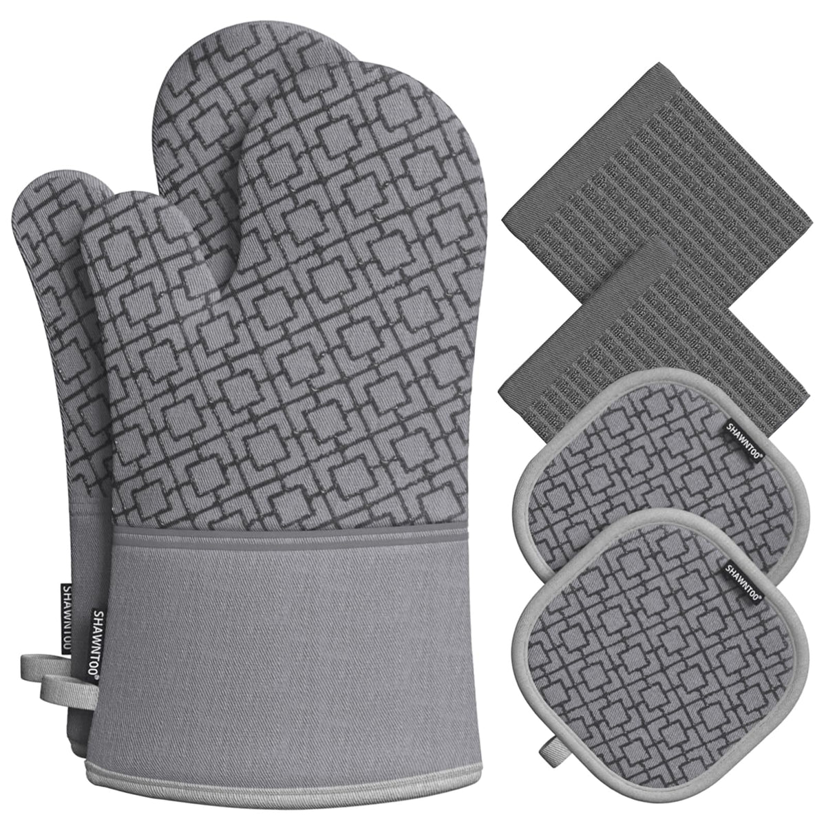 Oven Mitts and Pot Holders Sets 6pcs, Kitchen Oven Glove,High Heat Resistant 550 Degree Extra Long Oven Mitts and Potholders with Non-Slip Silicone Surface for Home Essentials (Grey) (Gray)