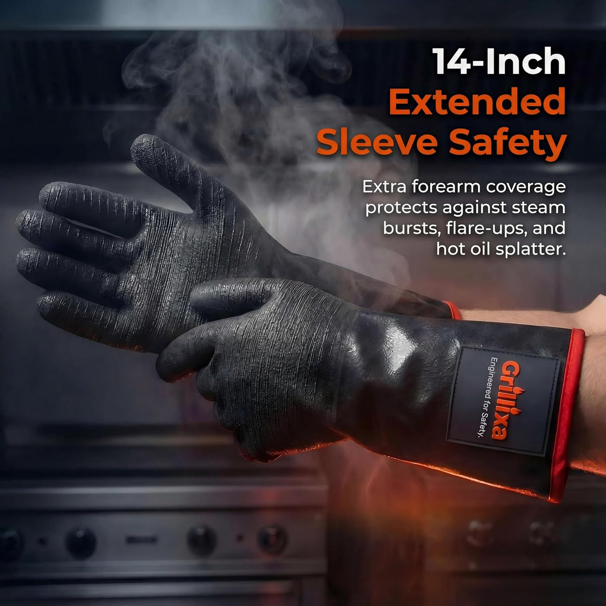 Heat Resistant BBQ Grill Gloves, Standard Cotton Lining, 14 in, XL