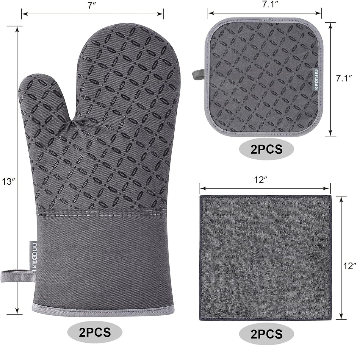 KEGOUU Oven Mitts and Pot Holders 6pcs Set, Kitchen Oven Glove High Heat Resistant 500 Degree Extra Long Oven Mitts and Potholder with Non-Slip Silicone Surface for Cooking (Grey)