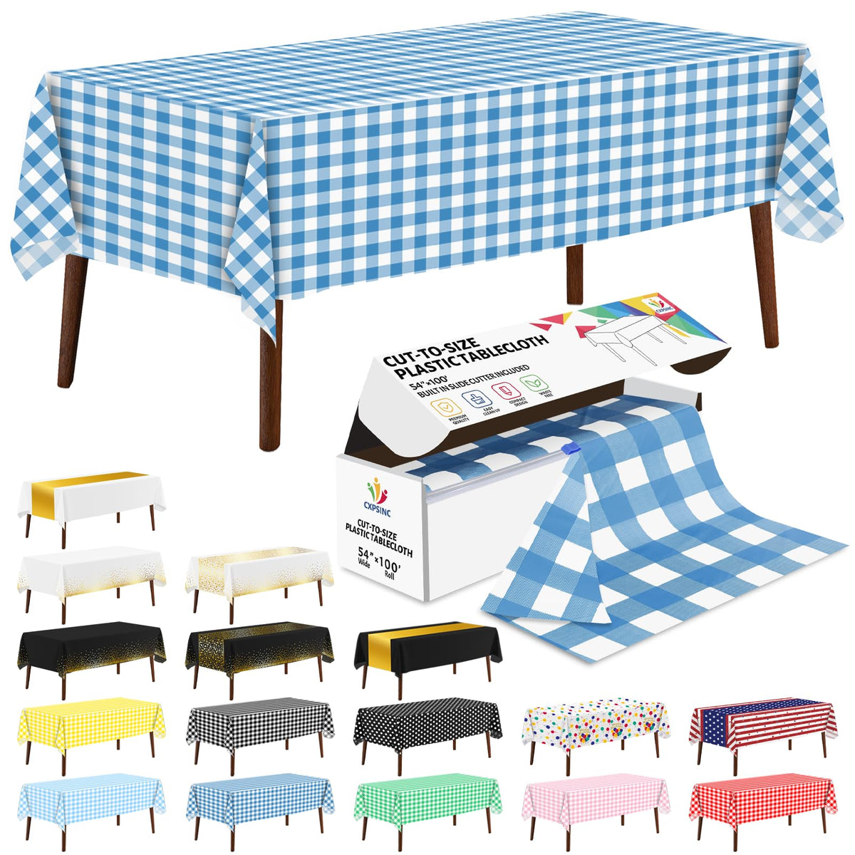 CXPSINC White Plastic Table Cloth Disposable Tablecloth Roll 54 Inch X 300 Feet Plastic Table Cover Roll with Slide Cutter for Picnics, Parties, Banquet, Birthdays, Weddings