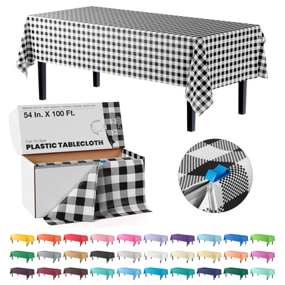 Exquisite Red 54x300in Plastic Disposable Tablecloth Roll with Built-in Cutter - 36 Rectangle Table Covers in a Box