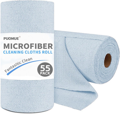 Puomue 55 Pack Microfiber Cleaning Cloth Roll, Tear Away Reusable Paper Towels, 11" x 9", Ultra Absorbent & Lint Free Microfiber Cloth for Cleaning Cars, Kitchen, Window, Home and Shop, Grey