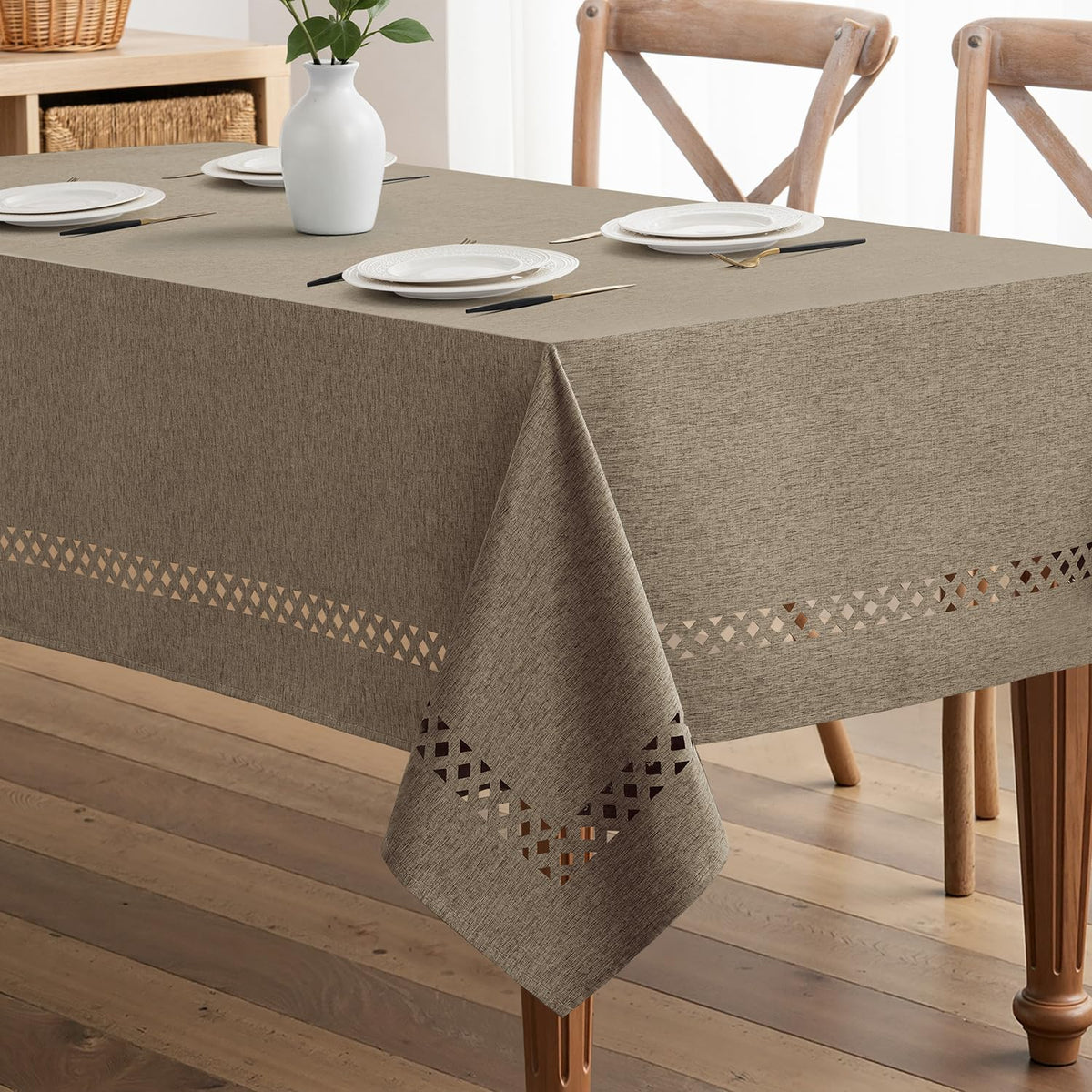 MIULEE Beige Rectangle Tablecloth with Decorative Cutouts 52x70 Inch