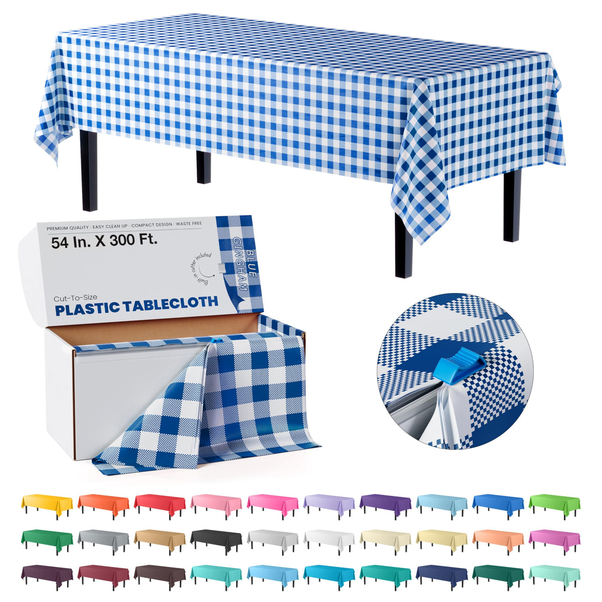 Exquisite Red 54x300in Plastic Disposable Tablecloth Roll with Built-in Cutter - 36 Rectangle Table Covers in a Box