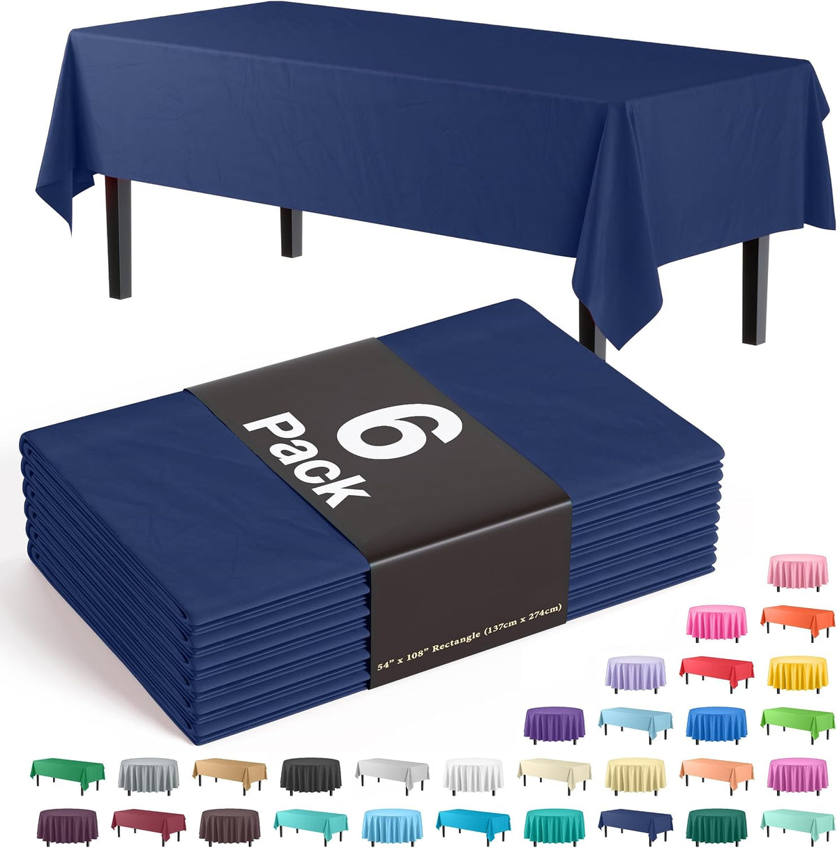 Exquisite Navy Plastic Table Cloth Disposable 6 Pack - 54 x 108 Inch Rectangle Tablecloth for 6 Foot Tables - Waterproof Table Cover for Party Wedding Birthday Graduation BBQ Catering