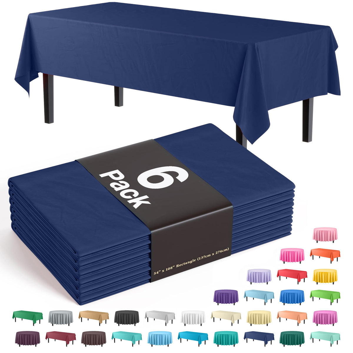 Exquisite Navy Plastic Table Cloth Disposable 6 Pack - 54 x 108 Inch Rectangle Tablecloth for 6 Foot Tables - Waterproof Table Cover for Party Wedding Birthday Graduation BBQ Catering