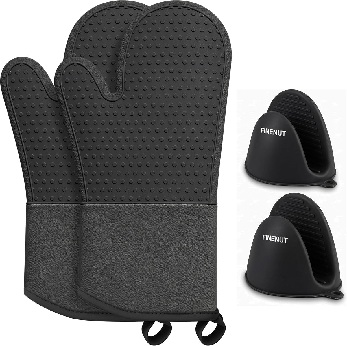 AMISARE 4-Pcs 13.39" Silicone Oven Mitts & Mini Mitts, BBQ Baking Gloves