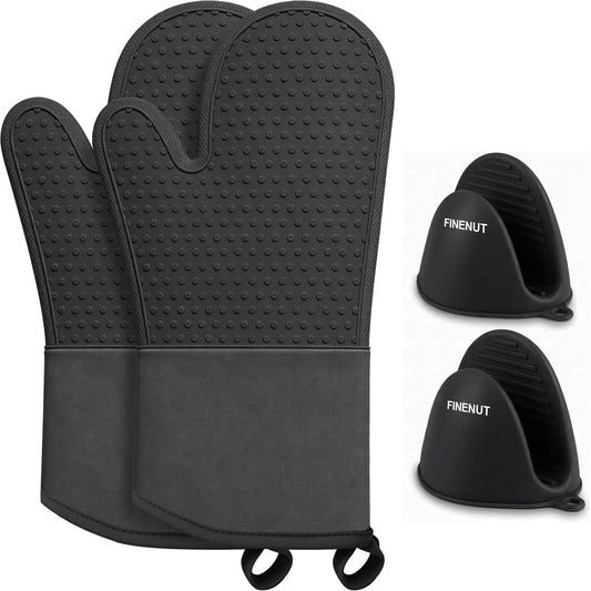 AMISARE 4-Pcs 13.39" Silicone Oven Mitts & Mini Mitts, BBQ Baking Gloves