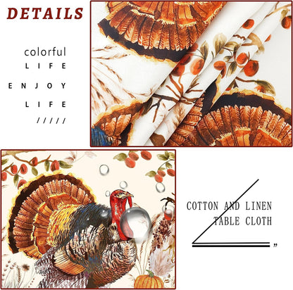Fall Thanksgiving Double Border Decoration Tablecloth, Turkey & Pumpkin Harvest Tablecloths, Waterproof Table Cover for Dinner Kitchen Party Holiday Decorations Oval 54 x 72 Inch