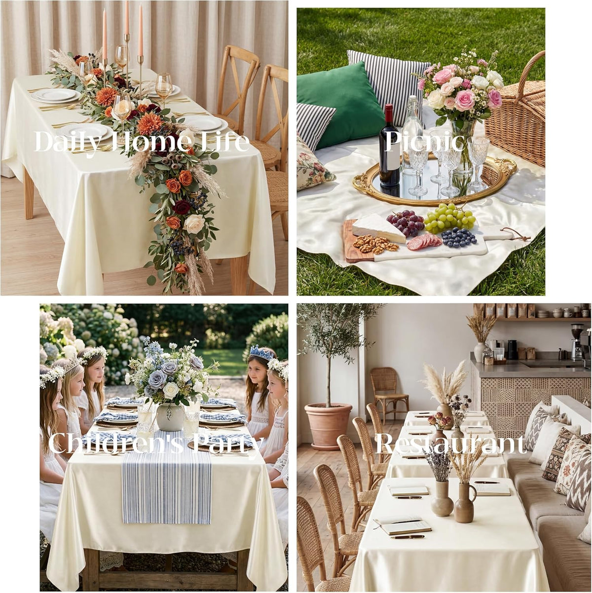 4 Pack Ivory Satin Tablecloth 58 x 102 Inch Overlay Seamless Design