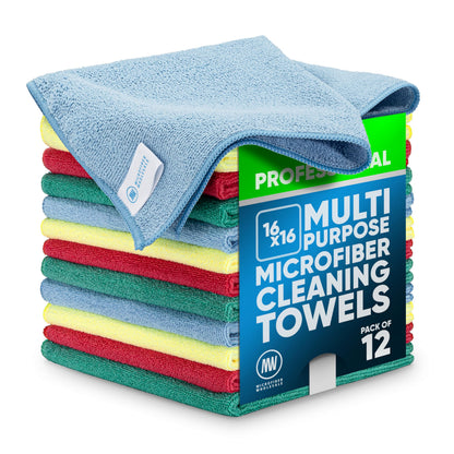 MW Pro Microfiber Cleaning Cloth | Blue | 12 Pack | 16” x 16” | All Purpose Microfiber Towels - Clean, Dust, Polish, Scrub, Absorbent