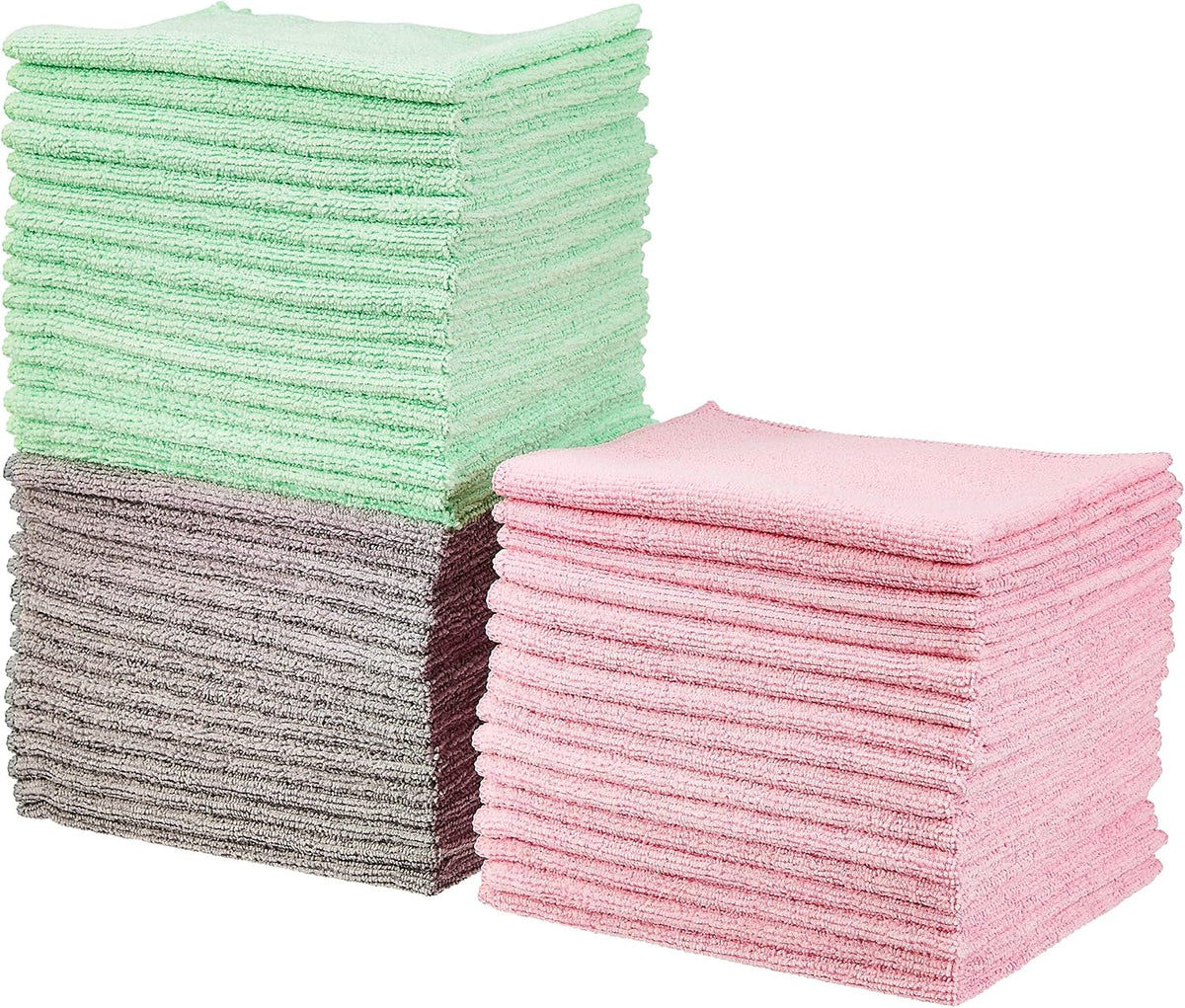 Amazon Basics Microfiber Cleaning Cloths, Ultra-Soft and Highly Absorbent, Streak-Free, Lint-Free, Scratch-Free, Washable, for Car Detailing and Glass Cleaning, 16" x 12", Green/Gray/Pink, 24-Pack