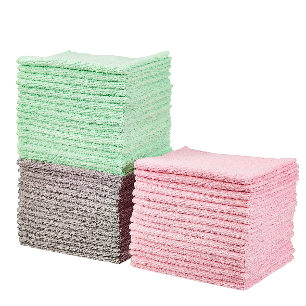 Amazon Basics Microfiber Cleaning Cloths, Ultra Absorbent, Scratch Free, Non-Abrasive, Reusable and Washable, All-Purpose, Car Detailing, 16" x 12", Green/Gray/Pink, 36-Pack