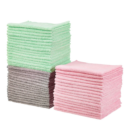 Amazon Basics Microfiber Cleaning Cloths, Ultra-Soft and Highly Absorbent, Streak-Free, Lint-Free, Scratch-Free, Washable, for Car Detailing and Glass Cleaning, 16" x 12", Green/Gray/Pink, 24-Pack