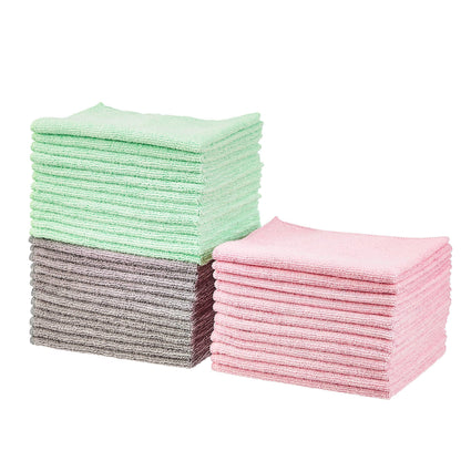 Amazon Basics Microfiber Cleaning Cloths, Ultra-Soft and Highly Absorbent, Streak-Free, Lint-Free, Scratch-Free, Washable, for Car Detailing and Glass Cleaning, 16" x 12", Green/Gray/Pink, 24-Pack