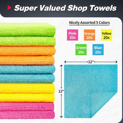 FIXSMITH Microfiber Cleaning Cloth, 100 Pack Shop Towels, Micro Fiber Cloth for Cleaning Car, All-Purpose Absorbent Cleaning Rags for Housekeeping, Dust Cloth for Office, Car Wash Towels, 12inx12in