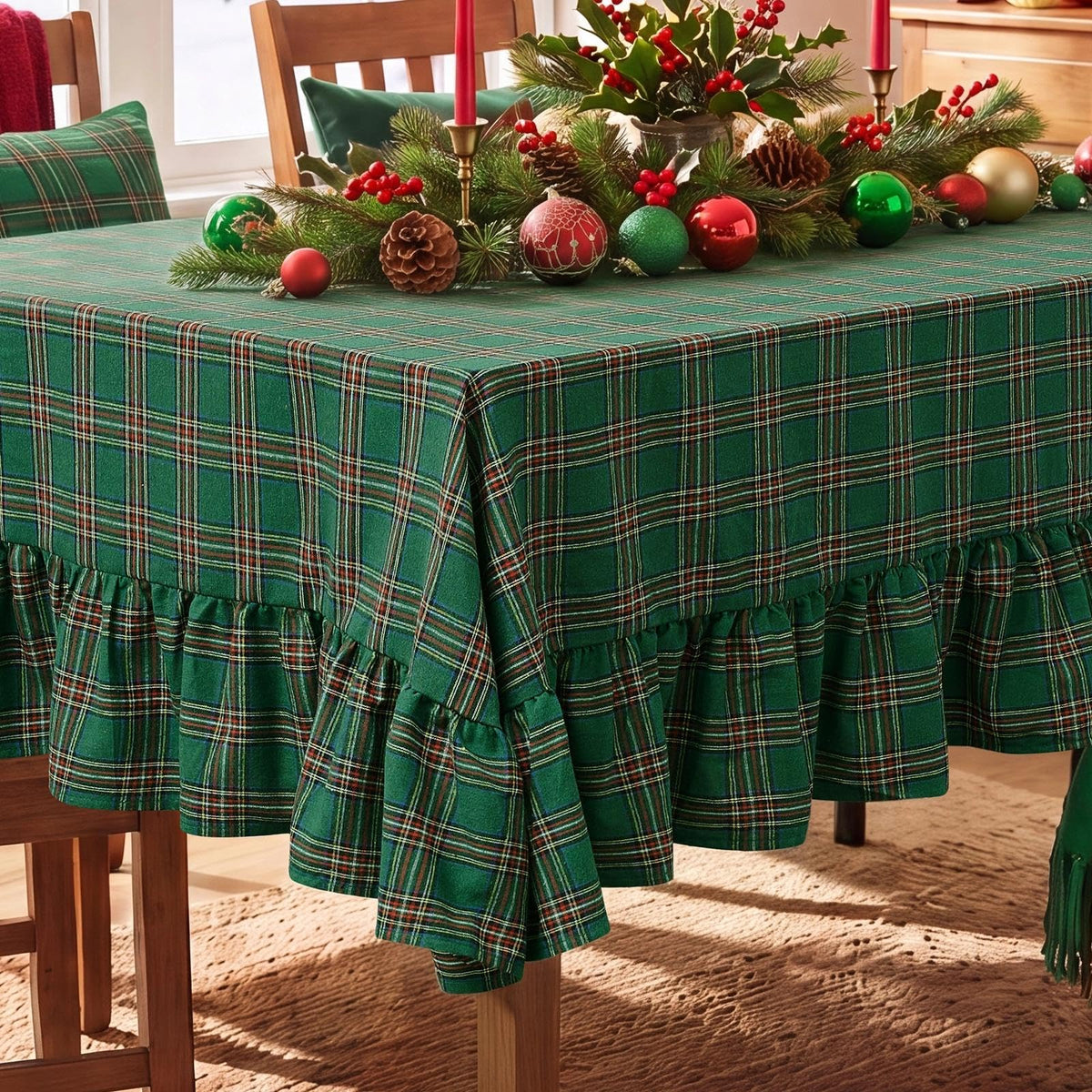 Romanstile Gingham Ruffled Tablecloth Rectangle, 60 x 84 Inch, Sage Green
