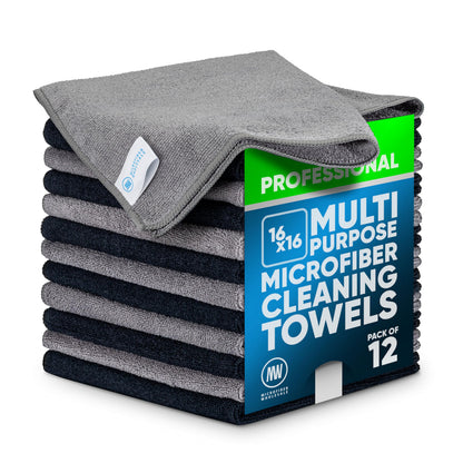 MW Pro Microfiber Cleaning Cloth | Blue | 12 Pack | 16” x 16” | All Purpose Microfiber Towels - Clean, Dust, Polish, Scrub, Absorbent