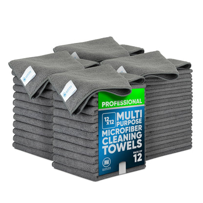 MW PRO Premium Microfiber Cleaning Cloths (12 Pack, 12x12, Grey) - Streak Free Stainless Steel & Glass Towels - Ultra Soft Cleaning Cloths for Screens, Granite & Modern Home - Washable & Reusable
