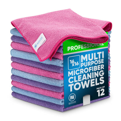 MW Pro Microfiber Cleaning Cloth | Blue | 12 Pack | 16” x 16” | All Purpose Microfiber Towels - Clean, Dust, Polish, Scrub, Absorbent