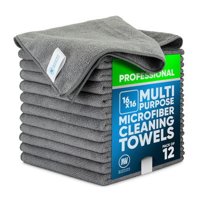 MW Pro Microfiber Cleaning Cloth | Blue | 12 Pack | 16” x 16” | All Purpose Microfiber Towels - Clean, Dust, Polish, Scrub, Absorbent