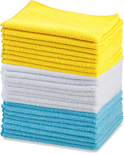 Amazon Basics Microfiber Cleaning Cloths, Ultra-Soft and Highly Absorbent, Streak-Free, Lint-Free, Scratch-Free, Washable, for Car Detailing and Glass Cleaning, 16" x 12", Green/Gray/Pink, 24-Pack