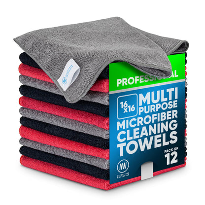 MW Pro Microfiber Cleaning Cloth | Blue | 12 Pack | 16” x 16” | All Purpose Microfiber Towels - Clean, Dust, Polish, Scrub, Absorbent