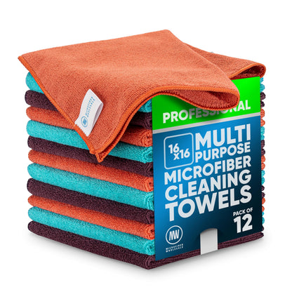 MW Pro Microfiber Cleaning Cloth | Blue | 12 Pack | 16” x 16” | All Purpose Microfiber Towels - Clean, Dust, Polish, Scrub, Absorbent