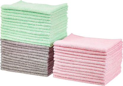 Amazon Basics Microfiber Cleaning Cloths, Ultra-Soft and Highly Absorbent, Streak-Free, Lint-Free, Scratch-Free, Washable, for Car Detailing and Glass Cleaning, 16" x 12", Green/Gray/Pink, 24-Pack